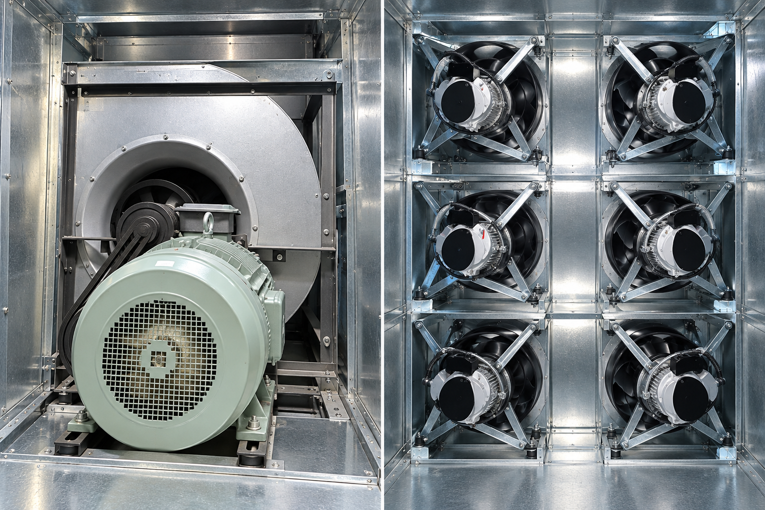Generated illustration of six EC plug fans in a two-column, three-row AHU array
