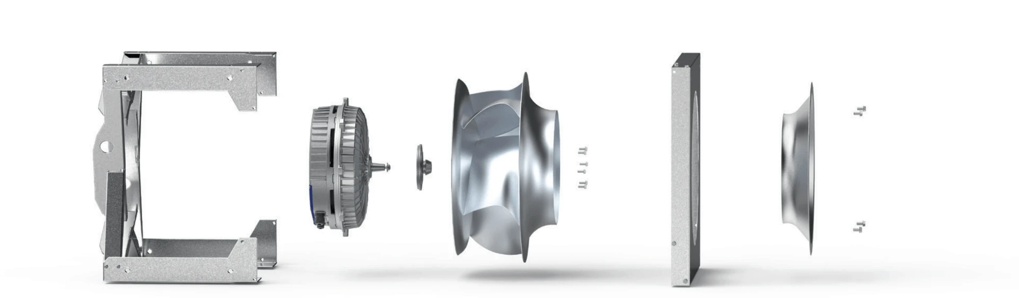 Exploded COPRA assembly showing the mounting frame, EC motor, impeller, mounting plate and inlet cone